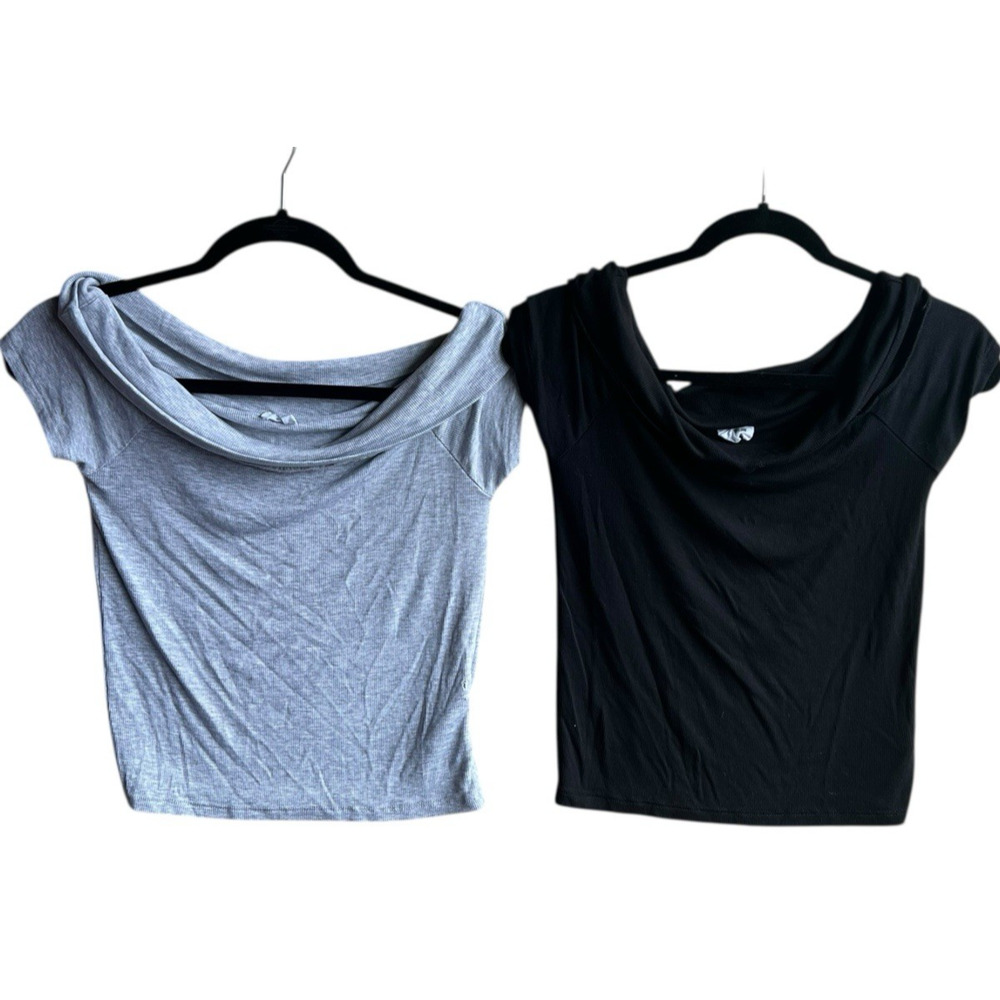 Cotton:On Crop Tee Off Shoulder Crop Top T-Shirt Short Sleeve M Gray and Black - Picture 9 of 9